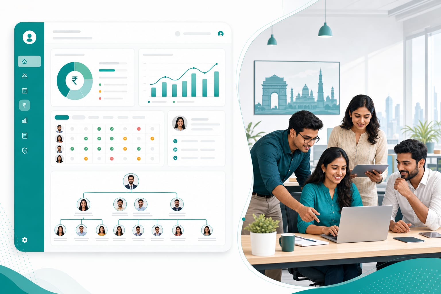 Peoplio workspace with payroll analytics, org chart, and your team collaborating