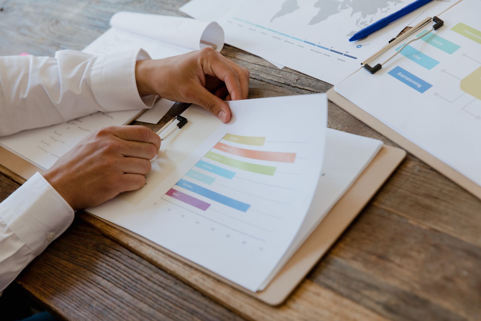 Hands reviewing a printed business report filled with colorful charts and graphs on a desk.