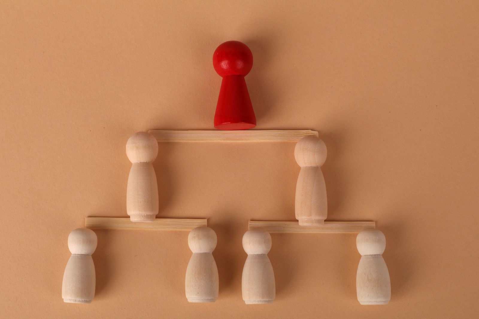 Wooden figures arranged in a pyramid, symbolizing an organizational hierarchy