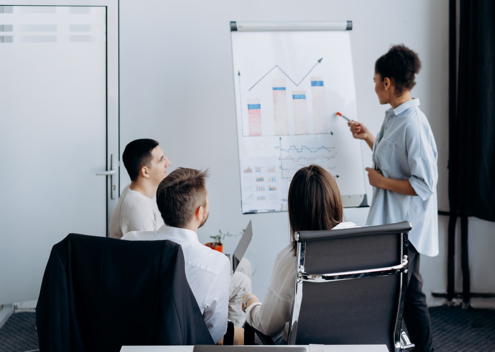 A business team discussing charts on a flip board during a calibration meeting